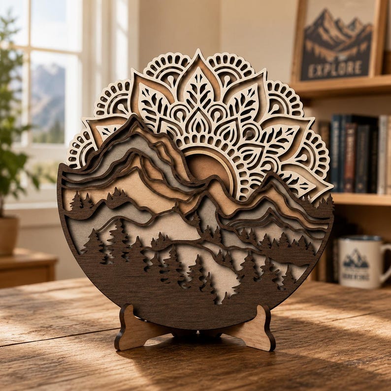 May include: A circular multi-layered wooden art piece featuring a laser-cut mandala pattern at the top, layered over a mountain range silhouette with pine trees in the foreground. The design uses varying shades of brown wood and stands on a base.