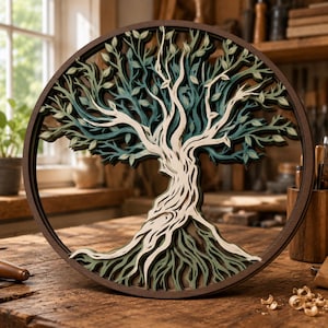 May include: A circular wall art piece featuring a multi-layered wooden tree design. The tree has a light cream-colored trunk and branches, set against layers of teal and sage green foliage. The entire structure is encased in a dark brown circular frame.