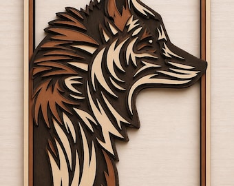 May include: A layered wooden art piece featuring a profile of a wolf's head. The artwork uses shades of brown, beige, and black, creating a three-dimensional effect. The wolf is framed within a rectangular border, showcasing the intricate details of the design.
