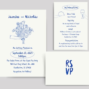 Blue Florals Whimsical Wedding Invitation Suite, Printable Wedding Templates, Customizable Doodle Wedding Invites, Spring Wedding Stationary