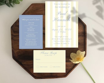 Striped Wedding Invitation Suite, Customizable Wedding Templates, Summer Wedding Invitations - Wedding Invite, Details Card, and RSVP Card
