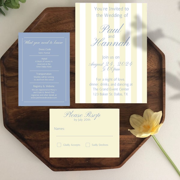 Striped Wedding Invitation Suite, Customizable Wedding Templates, Summer Wedding Invitations - Wedding Invite, Details Card, and RSVP Card