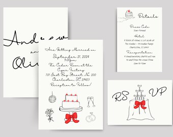 Kersentaart en strikken bruiloft uitnodigingssuite, afdrukbare bruiloft sjablonen, aanpasbare doodle bruiloft uitnodigingen, coquette bruiloft