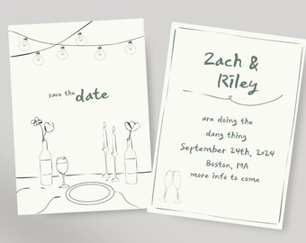 Hand-Drawn Wedding Save the Date, Editable Wedding Templates, Customizable Save the Date Cards with Reception Tablescape and String Lights