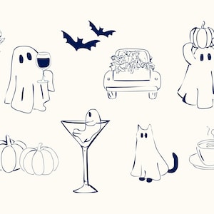 Peut inclure: Un ensemble de dessins au trait noir et blanc représentant des images sur le thème d'Halloween, notamment des fantômes, des citrouilles, des chauves-souris, un camion, un verre à martini, un chat et une tasse de café.