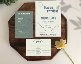 Conjunto de invitaciones para bodas en la montaña, plantillas de boda editables, invitaciones para bodas en la montaña o al aire libre con gráficos diseñados a medida.