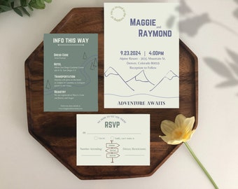 Mountain Wedding Invitation Suite, Editable Wedding Templates, Invitations for Mountain or Outdoor Wedding with Custom-Designed Graphics.