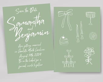 Conjunto de invitaciones de boda con garabatos verdes, plantillas de boda imprimibles, invitaciones de boda extravagantes y personalizables, invitaciones de boda ilustradas
