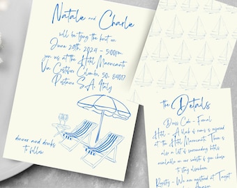 Italy Beach Wedding Invitation Suite, Editable Wedding Invite Templates, Invites with Hand-Drawn Striped Beach Chair and Sailboat Graphics