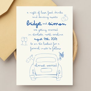 Doodle Getaway Auto Hochzeit Save the Date, bearbeitbare Hochzeitsvorlagen, anpassbare und wunderliche Save the Date Karten mit handgezeichneten Details