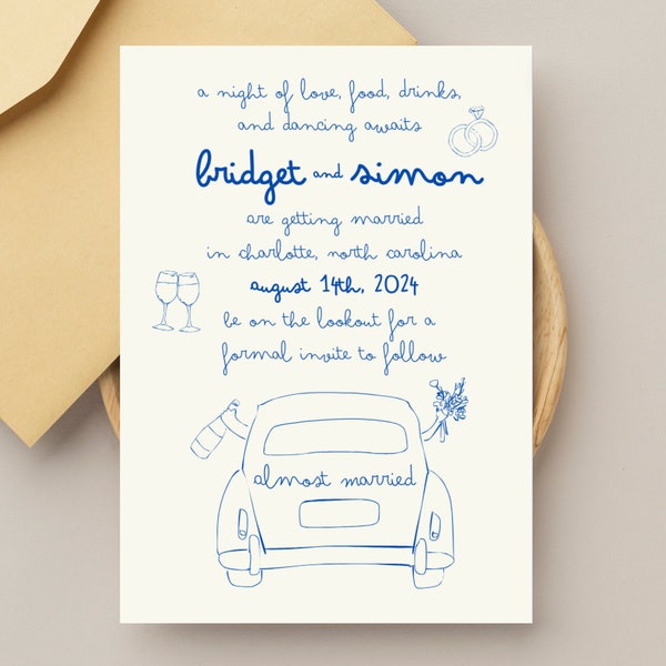 Doodle Getaway Car Wedding Save the Date, Editable Wedding Templates, Customizable and Whimsical Save the Date Cards with Hand Drawn Details