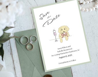 Hand-Drawn Dog Wedding Save the Date, Editable Wedding Templates, Customizable Save the Date Cards, Wedding Invite with Golden Retriever