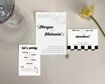 Disco Ball Wedding Invitation Suite, Editable Wedding Templates, Modern Invitations - Wedding Invite, Details Card, and RSVP Card