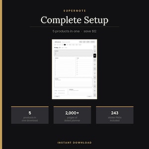 Puede incluir: Una pantalla de planificador digital para Supernote etiquetada como Complete Setup, con un diseño de horario diario con secciones para prioridades, tareas y notas. La interfaz incluye pestañas de navegación, más de 2.000 páginas y 243 stickers PNG.