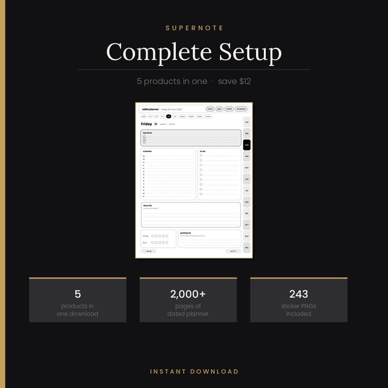 Pu&ograve; includere: Un display di agenda digitale per Supernote etichettato Complete Setup, con un layout di pianificazione giornaliera con sezioni per priorit&agrave;, attivit&agrave; e note. L'interfaccia include schede di navigazione, oltre 2.000 pagine e 243 sticker PNG.