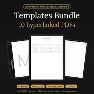 May include: A digital templates bundle for Kindle Scribe and Colorsoft featuring 10 hyperlinked PDFs. The display shows meeting notes, a notebook page, and a planner interface with 2026-2027 dates, 9,800+ notebook pages, and navigation tabs.