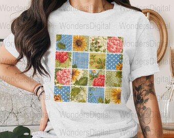 Blumen Patchwork Digital Download, Sonnenblume Muster Bild, Vintage-Stil Druck, Blume Quilt Quadrat Design, Wohnkultur Kunst, digitale Datei