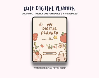 Pacote de Planejador Digital Kawaii, Organizador com Hiperlinks e Adesivos (PDF)