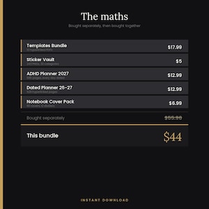Pu&ograve; includere: Una tabella di confronto prezzi digitale nera intitolata The maths, che elenca un Templates Bundle, Sticker Vault, ADHD Planner 2027, Dated Planner 26-27 e Notebook Cover Pack con costi individuali e un prezzo totale di 44 $ in basso.
