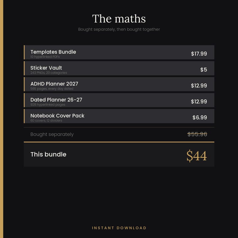 Pu&ograve; includere: Una tabella di confronto prezzi digitale nera intitolata The maths, che elenca un Templates Bundle, Sticker Vault, ADHD Planner 2027, Dated Planner 26-27 e Notebook Cover Pack con costi individuali e un prezzo totale di 44 $ in basso.