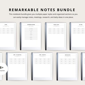 a collection of various note-taking and organization tools, including a notebook bundle, a notebook system, and a project notebook. These tools are designed to help users manage their notes, meetings, research, and daily ideas in a single place.