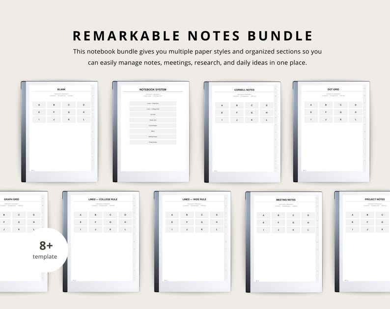 a collection of various note-taking and organization tools, including a notebook bundle, a notebook system, and a project notebook. These tools are designed to help users manage their notes, meetings, research, and daily ideas in a single place.