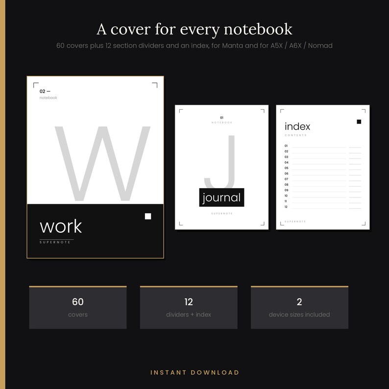 Pu&ograve; includere: Un set di copertine per quaderni digitali con il testo A cover for every notebook, 60 copertine, 12 divisori di sezione e un indice. Il design presenta pagine bianche con accenti neri, mostrando le parole work, journal e index per A5X, A6X e Nomad.