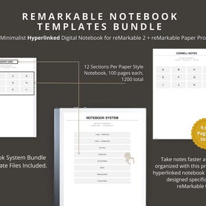 reMarkable Template Bundle | Hyperlinked Digital Notebook for reMarkable 2 & Paper Pro | Minimalist reMarkable Template Note Taking Planner