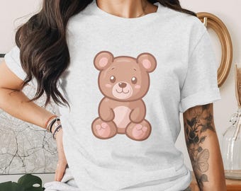 月の上に座って星を眺めているかわいいテディベアの絵。印刷可能な