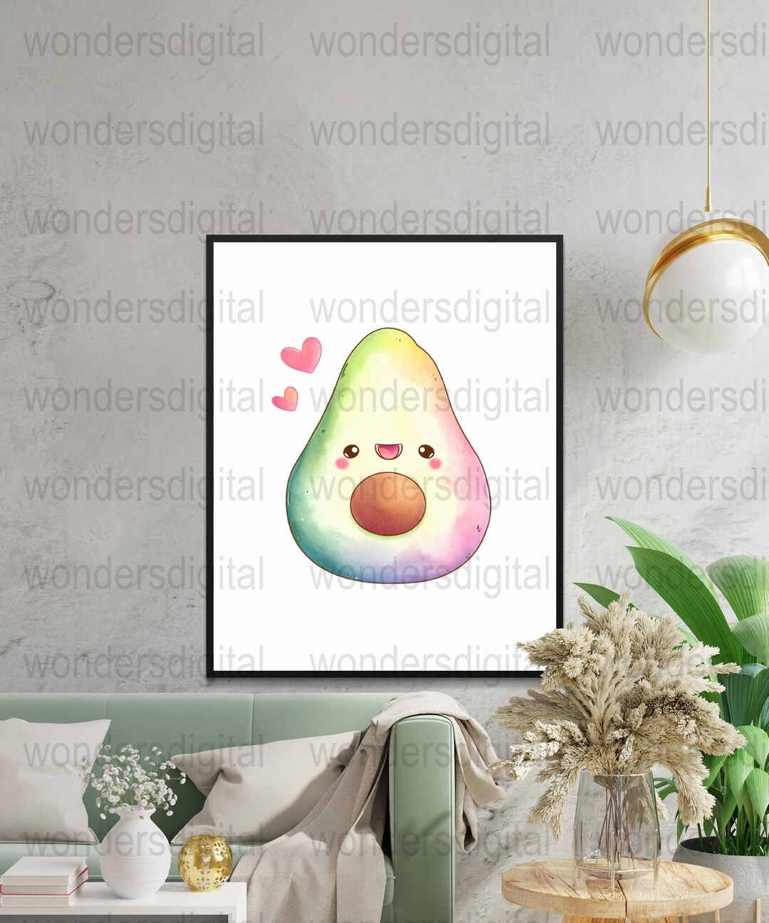Cute Avocado Art Print, Kawaii Fruit Decor, Rainbow Food Illustration ...