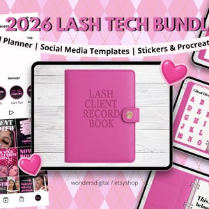 May include: A digital planner bundle for lash technicians, featuring a pink client record book, social media templates, stickers, and Procreate brushes. The image includes a mock-up of an Instagram page and a pink heart.