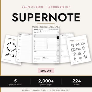 May include: A digital planner set titled SUPERNOTE featuring Manta, Nomad, A5X, and A6X compatibility. The display shows five pages including a daily schedule, weekly layout, 2027 calendar, pointer arrows, and habit icons with 2,000+ pages and 224 stickers.