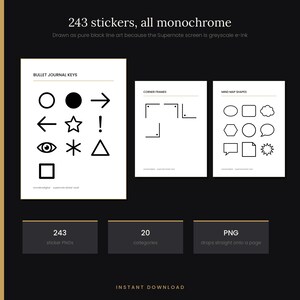 Pu&ograve; includere: Una collezione digitale di 243 adesivi monocromatici con disegni a linee nere. Il set include chiavi per bullet journal, cornici angolari e forme per mappe mentali in file PNG per schermi e-ink in scala di grigi.