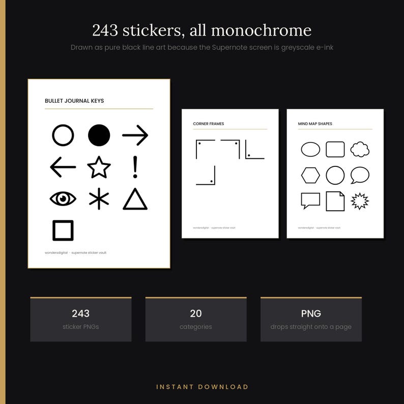 Pu&ograve; includere: Una collezione digitale di 243 adesivi monocromatici con disegni a linee nere. Il set include chiavi per bullet journal, cornici angolari e forme per mappe mentali in file PNG per schermi e-ink in scala di grigi.