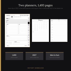 Pu&ograve; includere: Due planner digitali con un totale di 1.493 pagine, che includono un planner ADHD per il 2027 e un planner datato da agosto 2026 a dicembre 2027. Il layout comprende calendari mensili, visualizzazioni settimanali e programmi giornalieri.