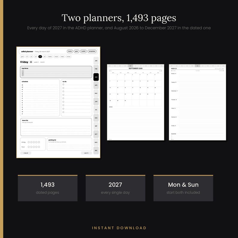 Pu&ograve; includere: Due planner digitali con un totale di 1.493 pagine, che includono un planner ADHD per il 2027 e un planner datato da agosto 2026 a dicembre 2027. Il layout comprende calendari mensili, visualizzazioni settimanali e programmi giornalieri.