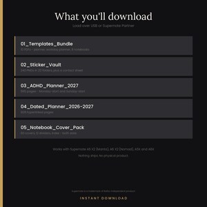 Pu&ograve; includere: Un'infografica per il download digitale con sfondo nero e testo bianco. Elenca cinque elementi: 01_Templates_Bundle, 02_Sticker_Vault, 03_ADHD_Planner_2027, 04_Dated_Planner_2026-2027 e 05_Notebook_Cover_Pack, con dettagli per ciascuno.