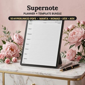 May include: A digital tablet displaying a weekly planner template with the text Supernote PLANNER + TEMPLATE BUNDLE and 10 HYPERLINKED PDFS • MANTA • NOMAD • A5X • A6X. The screen shows a lined weekly schedule with days of the week listed.