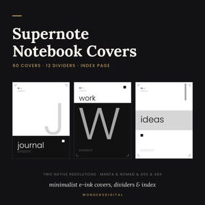 May include: A digital collection of Supernote notebook covers featuring 60 covers, 12 dividers, and an index page. The graphic displays three white and black rectangular designs labelled 01 journal, 02 work, and 03 ideas with text overlays.