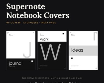 Pacchetto di copertine per quaderno Supernote / 60 copertine, 12 divisori di sezione, indice per Manta Nomad A5X A6X / Minimalista E Ink PNG PDF