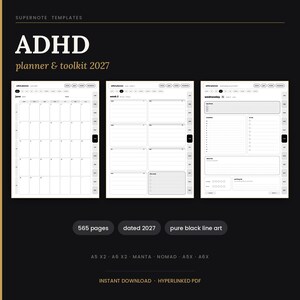 Puede incluir: Un planificador y kit de herramientas digital para TDAH para 2027 con 565 páginas en arte lineal negro puro. El diseño incluye un calendario mensual, horario semanal y listas de tareas con pestañas hipervinculadas para dispositivos A5, A6, Manta y Nomad.