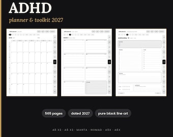 Agenda Supernote ADHD 2027 / Agenda con 565 pagine, datate e con collegamenti ipertestuali, per Manta Nomad A5X A6X / Grafica in bianco e nero per stampanti E Ink