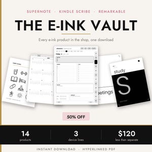 May include: A digital planner collection titled THE E-INK VAULT for Supernote, Kindle Scribe, and Remarkable devices. The image displays five document pages including habit icons, a 2027 calendar, a daily planner, and study covers.