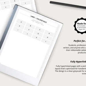 a tablet with a black pen resting on top of it, and there is a blank page on the tablet.