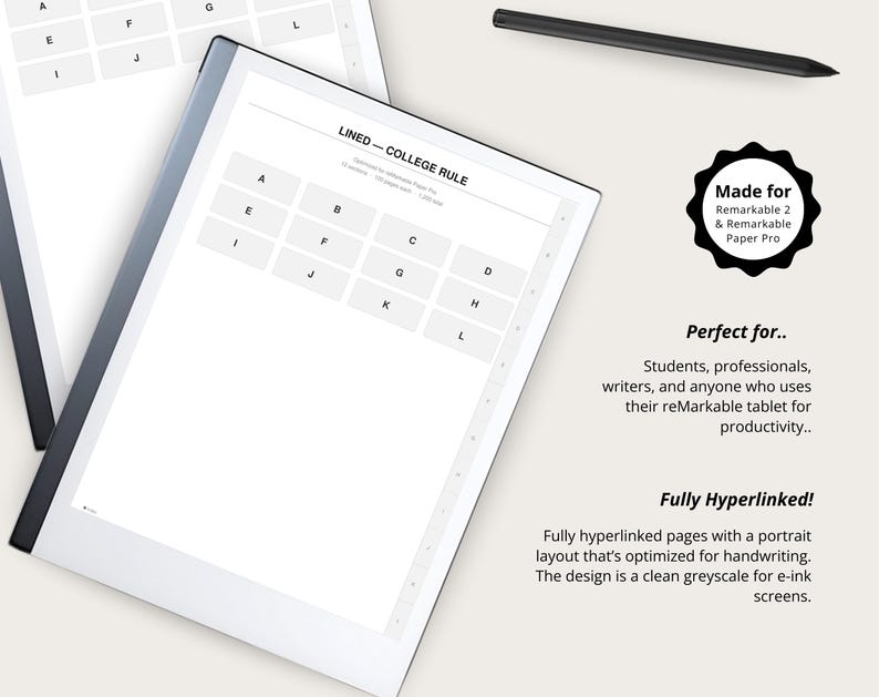 a tablet with a black pen resting on top of it, and there is a blank page on the tablet.