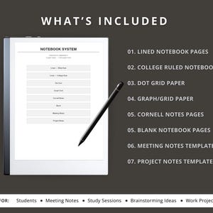 a notebook system with various types of notebooks and a pen, along with a list of what's included in the notebook system.