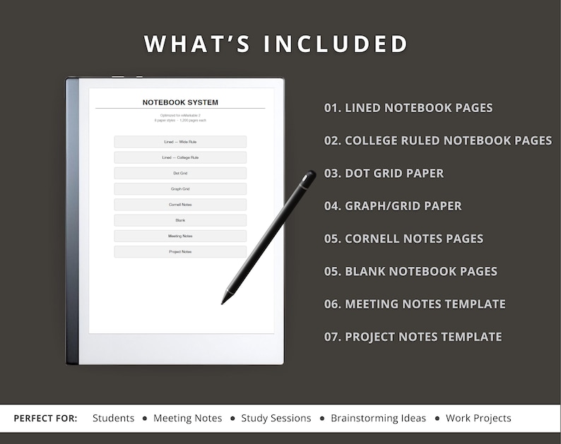 a notebook system with various types of notebooks and a pen, along with a list of what's included in the notebook system.
