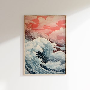 Shin-hanga style sea wave print with Ghibli-inspired aesthetic