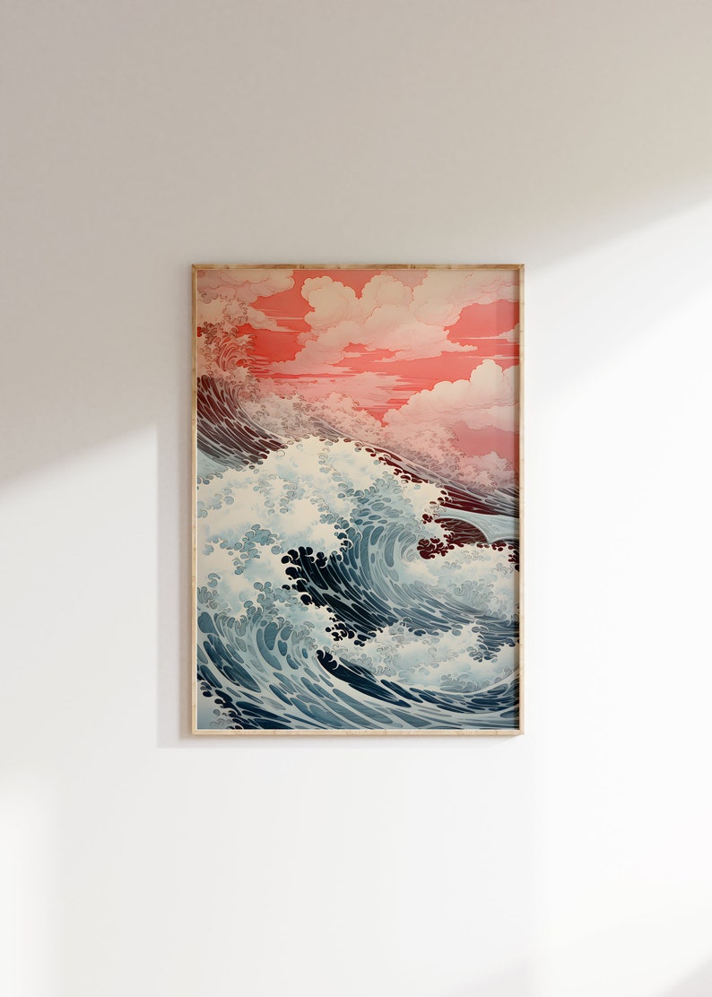 Shin-hanga style sea wave print with Ghibli-inspired aesthetic