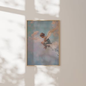 Angel Child on Cloud Art Print - Feminine Sky Fantasy Artwork - Inspirational Aesthetic Decor - Ethereal Home Decoration, Romantic Art